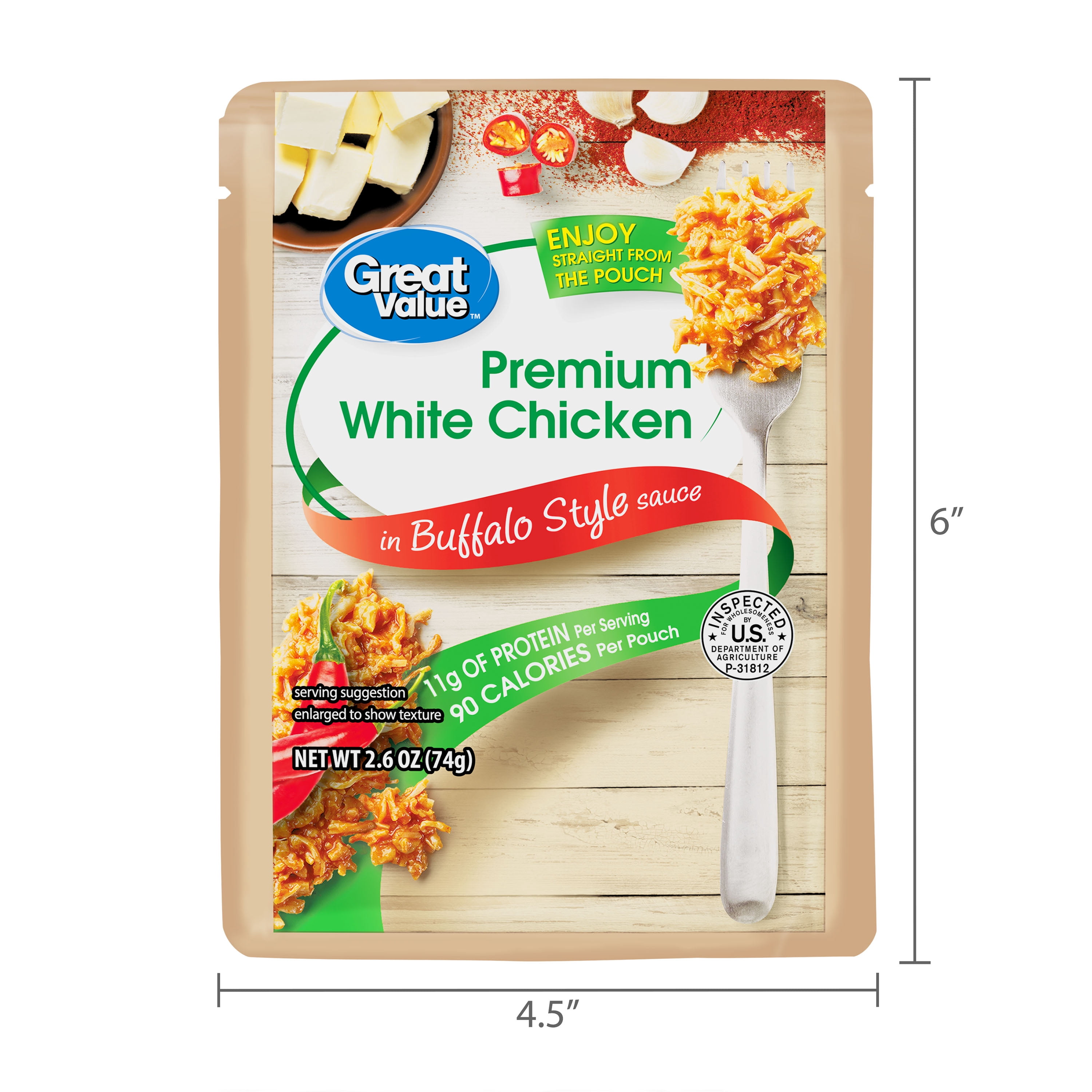 (3 pack) Great Value Premium White Chicken, in Bold Buffalo Sauce, 2.6 oz Pouch (Shelf-Stable)
