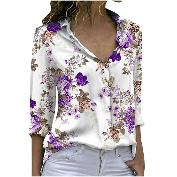 Blouses for Women Sexy, Women Button Down Shirts Rose Flower Print Tops ...