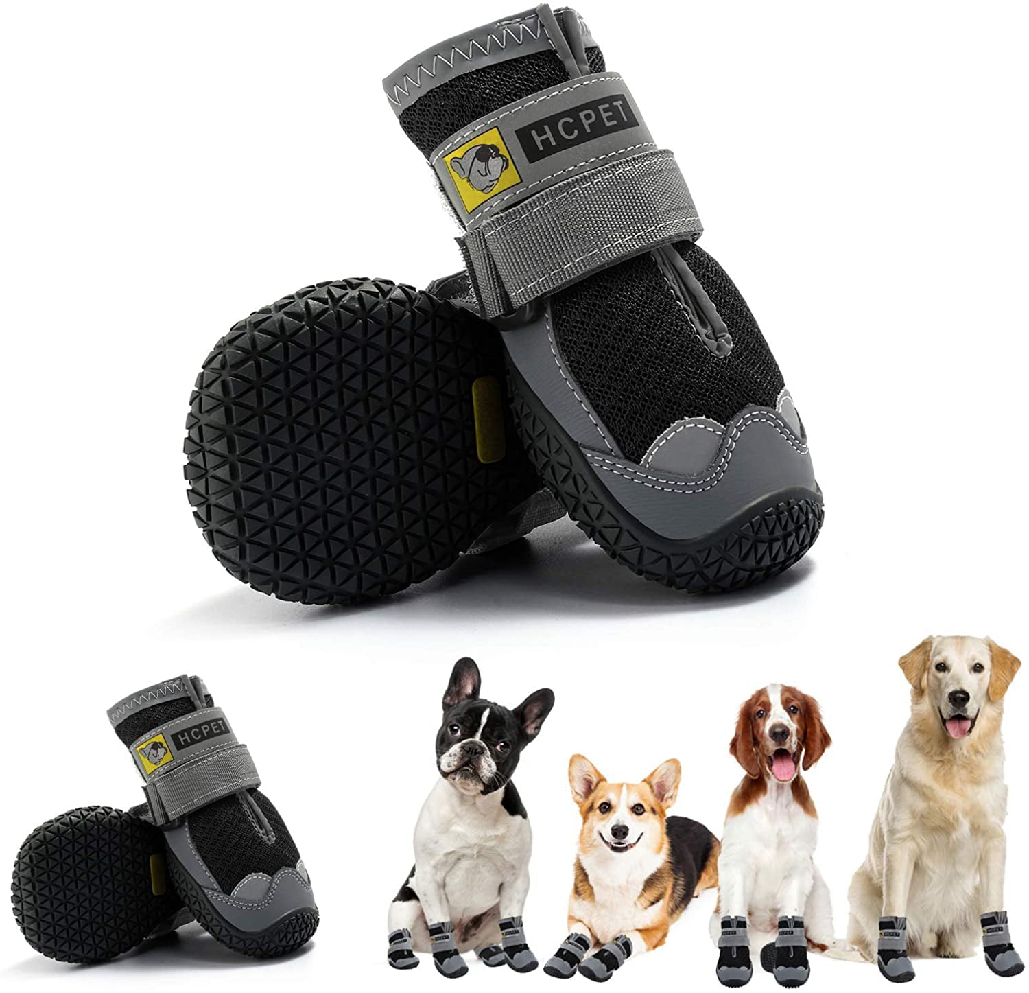4 Pcs Fashionable Waterproof Non-Slip Breathable Dog Shoes Soft Comfortable Pet Boots Puppies Outdoor Shoes with Reflective Straps for Walking Hiking Camping 4# Black Pet Shoes