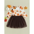 thumbnail image 3 of Toddler Baby Girls Thanksgiving Day Dress, PumpkinTurkey Print Tulle Patchwork Long Sleeve A-Line Dress with Bowknot, 3 of 7