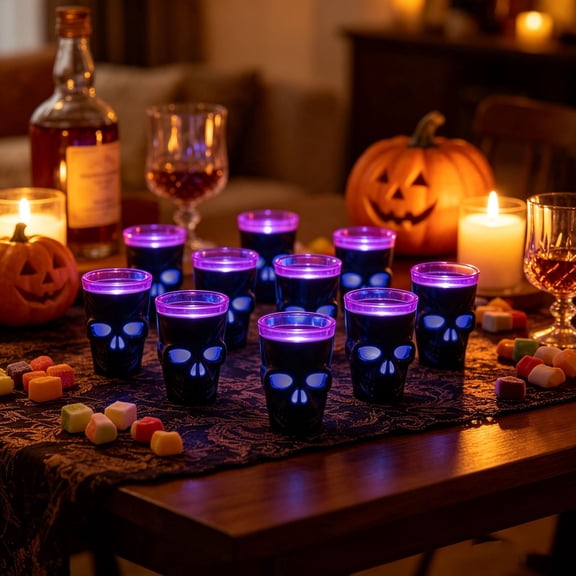 12 Pack Halloween Light Up Skull Cups, LED Glowing Skull Black Plastic Tumblers, Spooky Lighted Drinking Cups for Halloween Party Supplies Table Decor