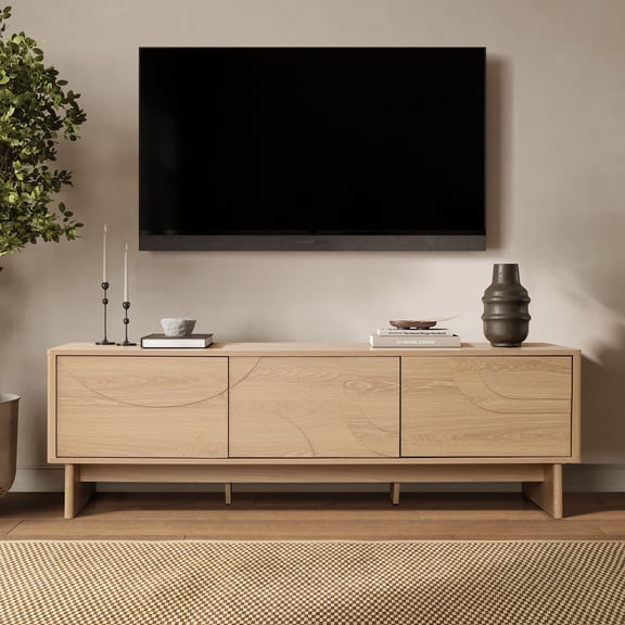 LuxenHome Modern TV Console with 3 Doors, Geometric Carved Front, Light Wood, Manufactured Wood