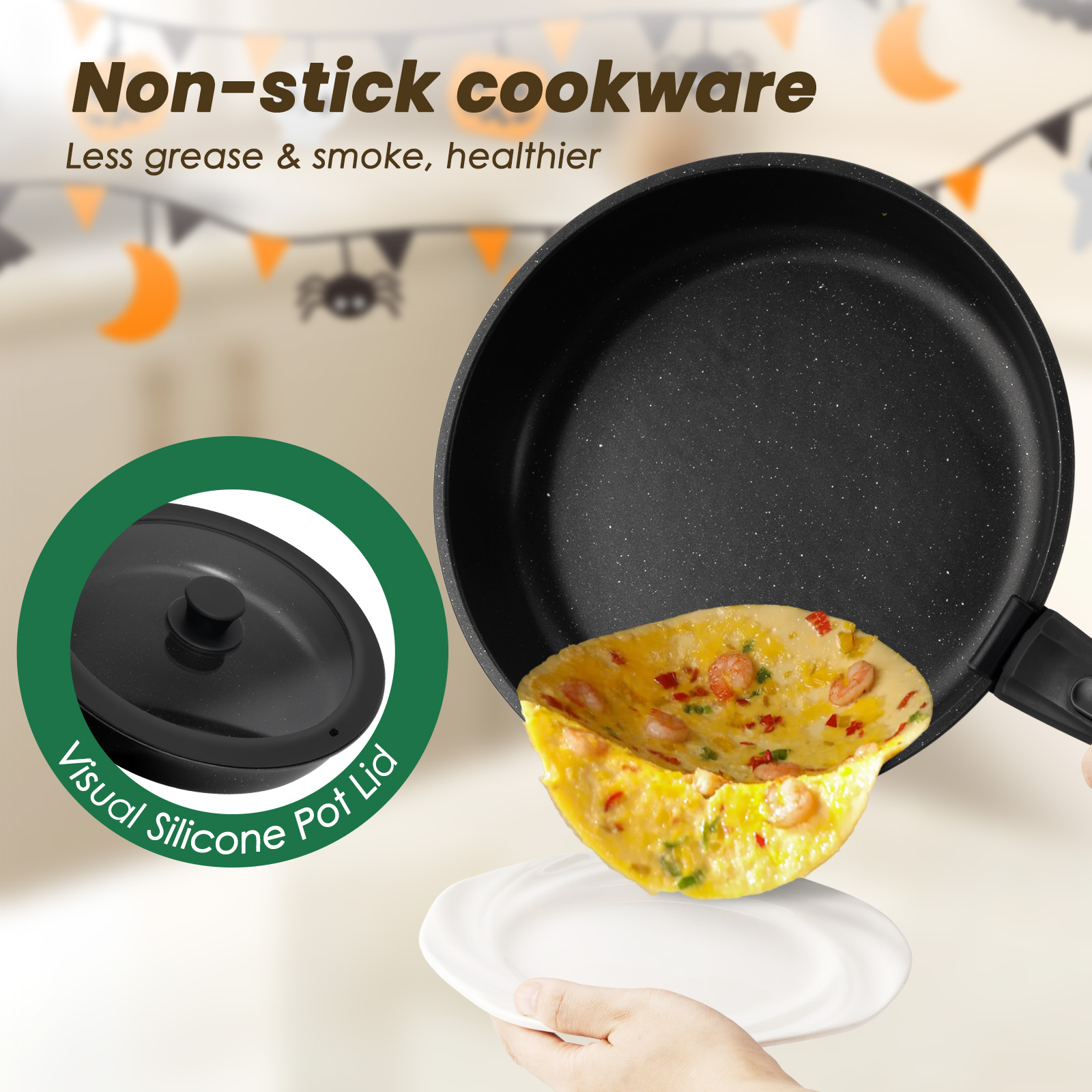 Kikcoin 19-Piece Nonstick Pots and Pans Set, Non-Toxic Coating Cookware Set with Removable Handles, Induction/Oven Safe(Black)