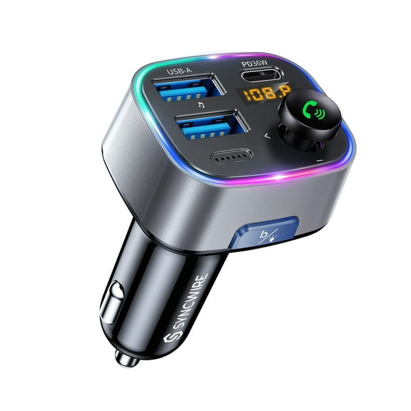 Syncwire Bluetooth 5.4 FM Transmitter Car Adapter 48W (PD 36W & 12W) [Light Switch] [Hi-Fi Deep Bass] [Fast Charge] Wireless Radio Music Adapter LED Display Hands-Free Calling Support USB Drive