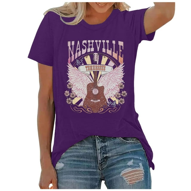 Hauts de Printemps pour Femmes Musique Country Vintage Tennessee Graphique Rodéo Western Manches Courtes T-Shirts pour Femmes Violet TTG