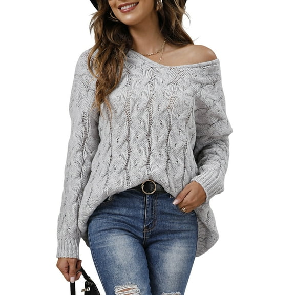 Women Striped Knitted Sweater with Hooded V-Neck Long Sleeve Casual Pullover Lady Loose Fit Warm Jumper Top Gray S