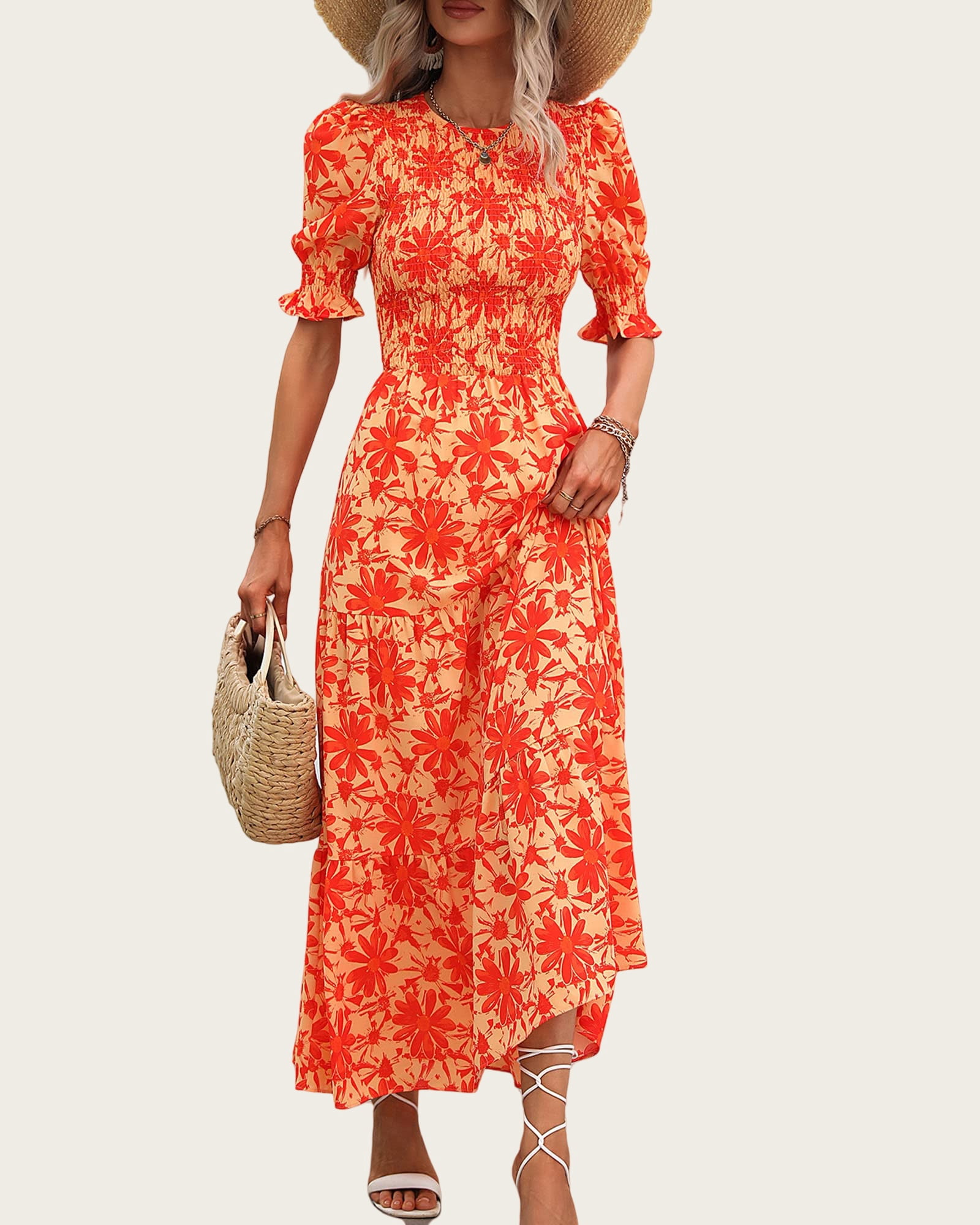 FreshPretty Women Casual Summer Dresses Spring Crew Neck Ruffle Short Sleeve Floral Print Smocked Boho Flowy Maxi Dress