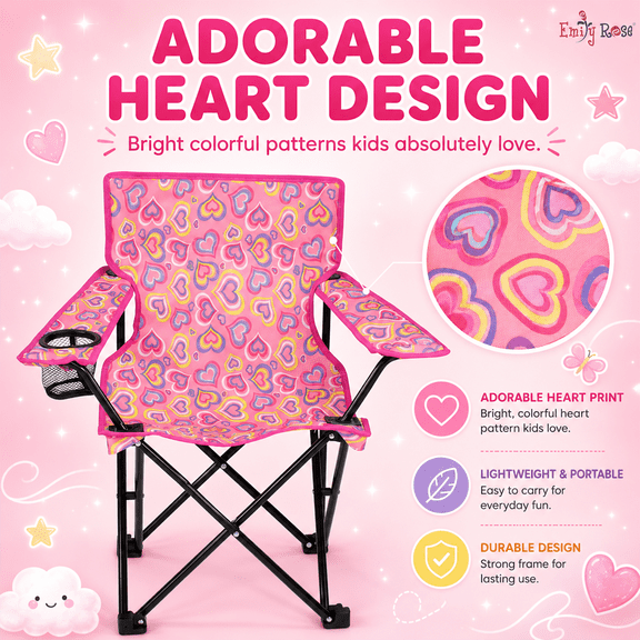 Emily Rose Kids Camping Chair | Playful Hearts Beach Chair with Safety Lock and Carry Case - Perfect for Camping, Travel, Tailgate, Lawn - for Indoor and Outdoor