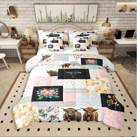 Erosebridal Teenager Floral Highland Cattle Bedding Sets Twin Size,Pink Black Comforter Sets with Sheets,Flower Bedroom Decor,Lightweight,7-Piece