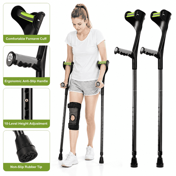 Adjustable Forearm Crutches for Adults, Lightweight Foldable Aluminum Walking Crutches with Ergonomic Handle, 10-Level Height, Anti-Drop Cuff & Non-Slip Tips (1 Pair)