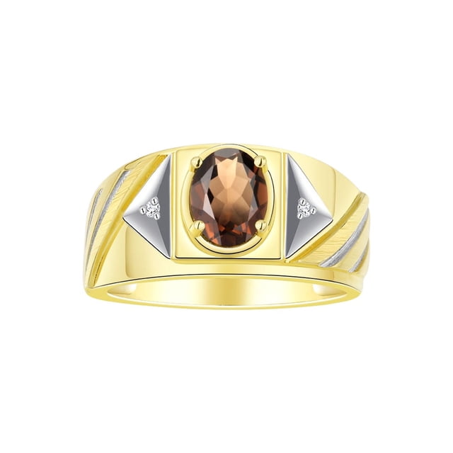 RYLOS Men's Rings Yellow Gold Plated Silver Rings Classic Designer Style 8X6MM Oval Gemstone & Diamond Ring Smoky Quartz Birthstone Rings For Men Size 13