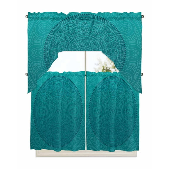Teal Boho Kitchen Curtain and Valance Set 3 Pieces,Rod Pocket Short Tier Curtains 36 Inch Length,Farmhouse Abstract Geometric Aesthetic Art Swag Topper Small Window Treatment for Cafe Bathroom