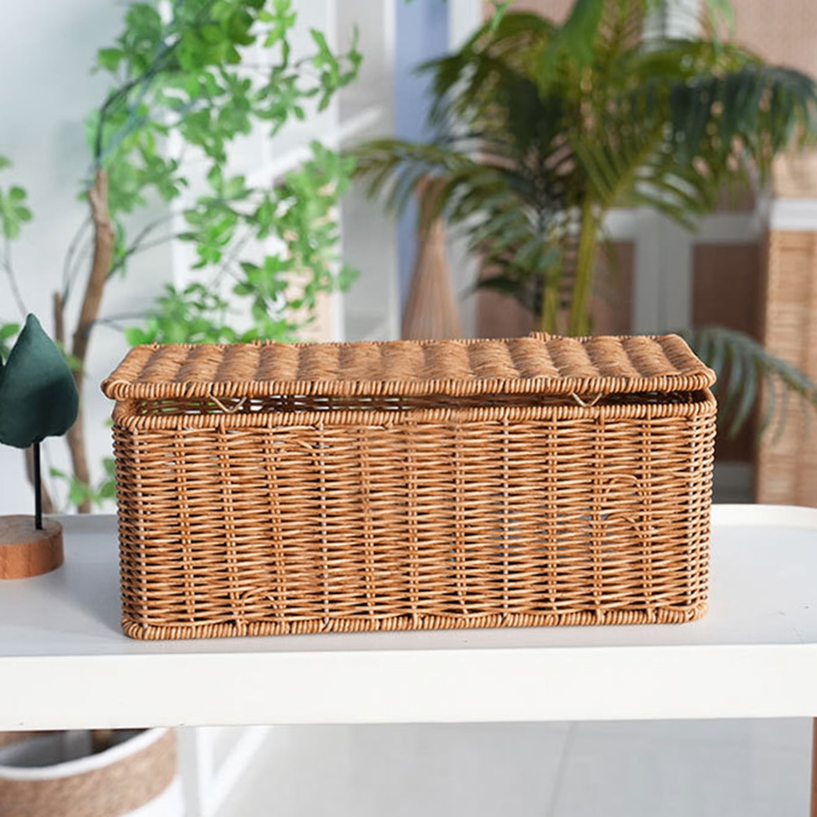 Yesbay Rattan Cable Management Box Handwoven Cord Organizer Basket with 2 Slots Power Cords Hidden Box