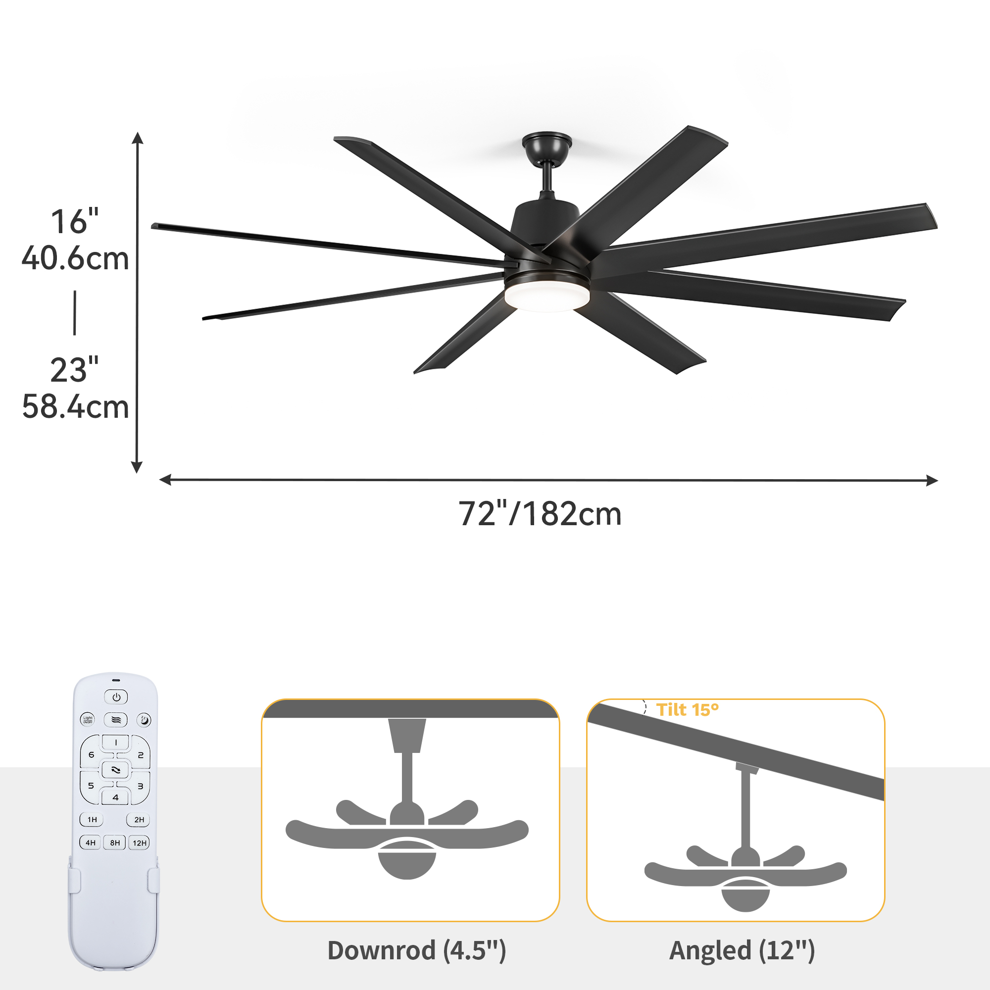 Dextrus 72-Inch 8-Blade Modern Ceiling Fan with Light, 6-Speed Quiet DC Motor, Dimmable 3-Color LED, Memory Function, App & Remote Control for Indoor and Outdoor Spaces