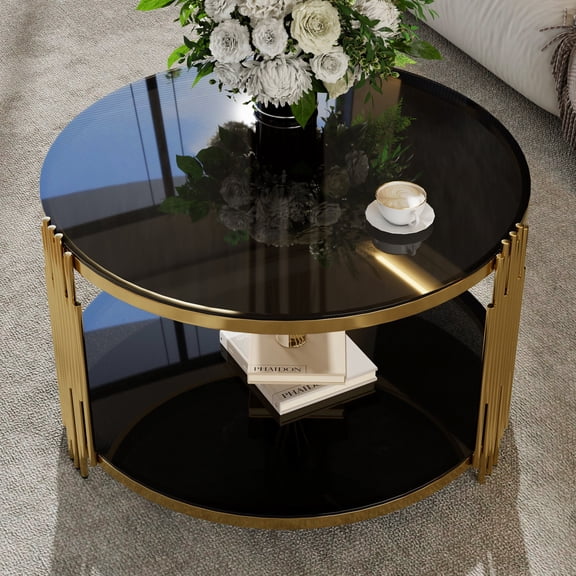 Oufan Luxury 31.5" Coffee Table, Tempered Glass Center Table with Lower Shelf & Asymmetrical Metal Frame, Round Cocktail Table for Living Room