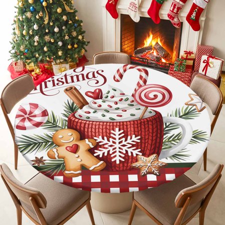 Round Table Cloth with Elastic Fitted Edged Xmas Candy Cookie Cappuccino Waterproof Tablecloth for 36 -44 Tables Pine Branches Red Plaid Wipeable Indoor Table Cover for Kitchen Picnic Camping