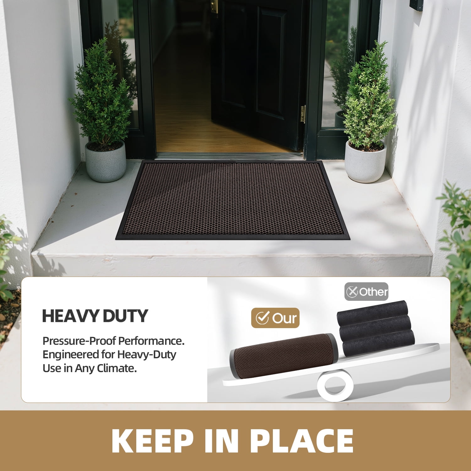 PABUBE High Stretch Elastic Silk Outdoor Doormat, Quick-Dry & Heavy-Duty Welcome Mat, Non-Slip Front Door Mat for Outside Entry, Low Pile Patio Doormat for Entry Rug, Brown, 24"x36"
