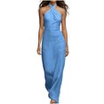 thumbnail image 2 of QUNYINEY Blue Womens Sundresses Sleeveless Summer Long Beach A Line Dress Halter Casual Slim Fit Vacation Dresses, 2 of 5