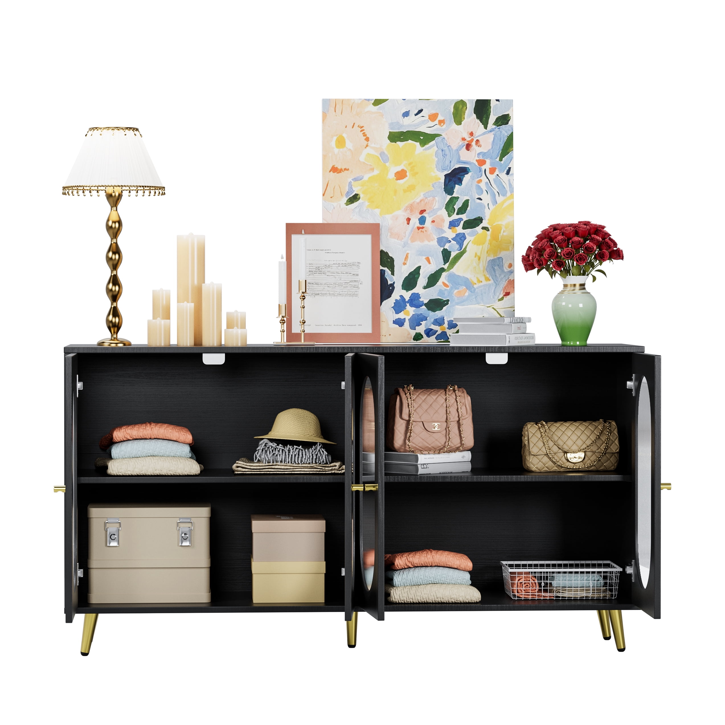 Aukfa Accent Storage Cabinet with Adjustable Shelves,Buffet Cabinet for Kitchen Living Room Hallway,Black
