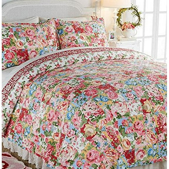 Clever Carriage Home 100% Cotton French Rose 3-piece Reversible Quilt Set ~ (King)