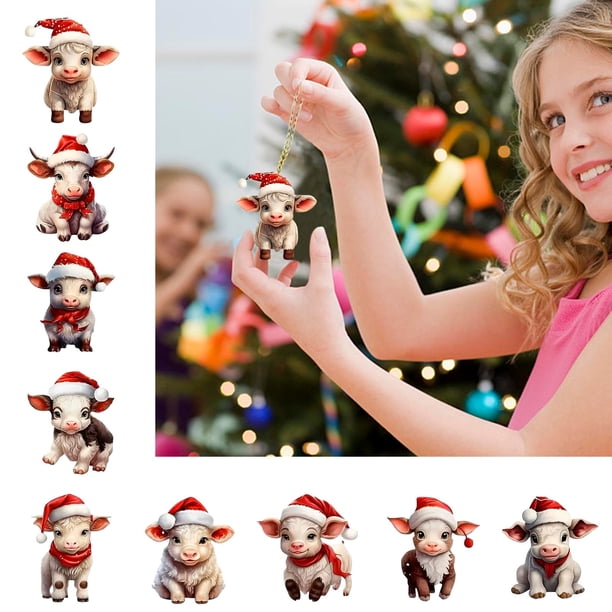 Xihbxyly Adorno Navideño de Vaca, Diseño Acrílico Personalizado, Suave y Ligero, Versátil para Colgar, Ideal para Árbol de Navidad o Puerta, Ideal Como Regalo, Tamaño 8 Cm.