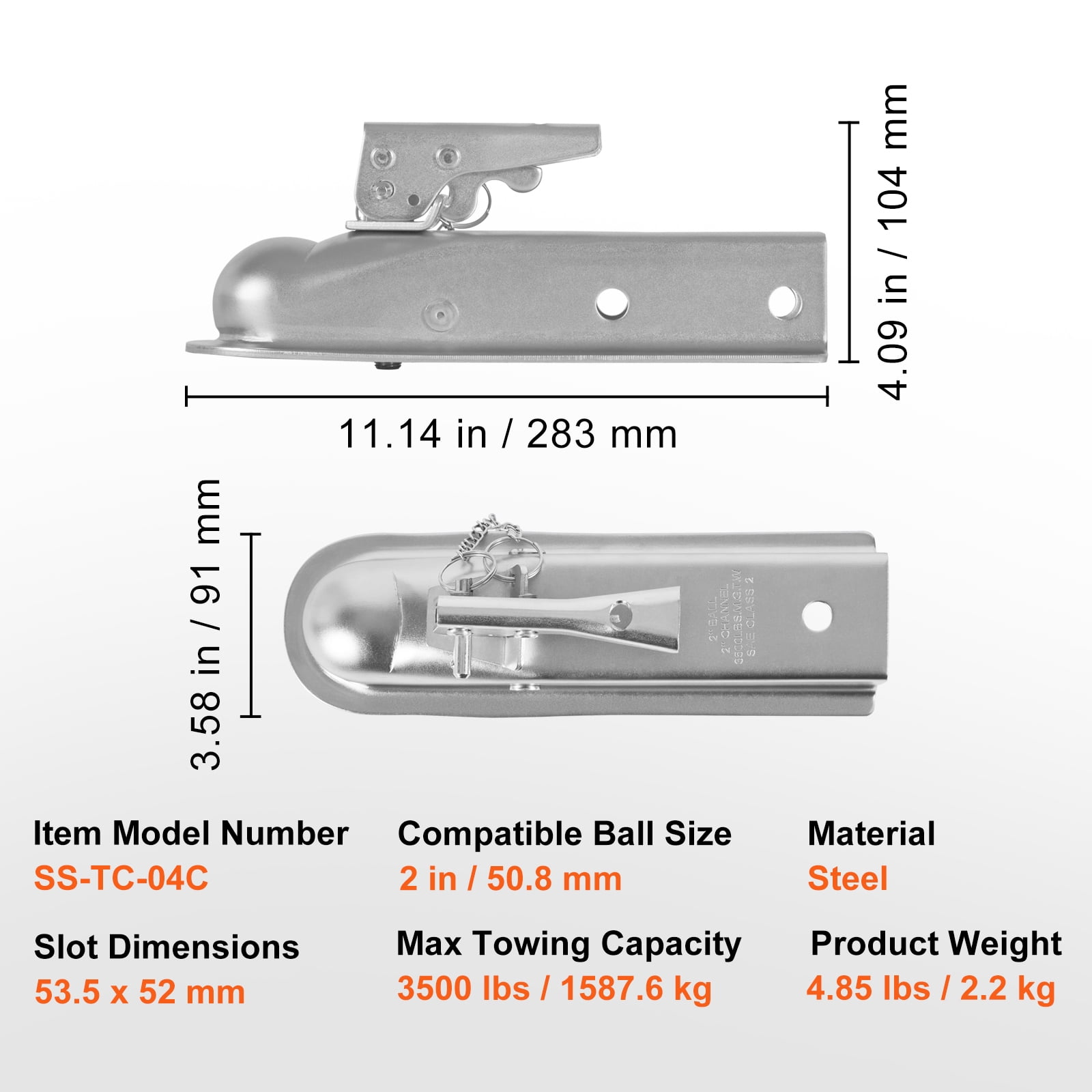 KFFKFF Straight Trailer Connector, Compatible with 2" Hitch Ball, 2" Channel Width, 3500 lbs Load Capacity, Durable Trailer Hitch Coupler for Towing Sedans,SUVs, with a Zinc-Coated Exterior