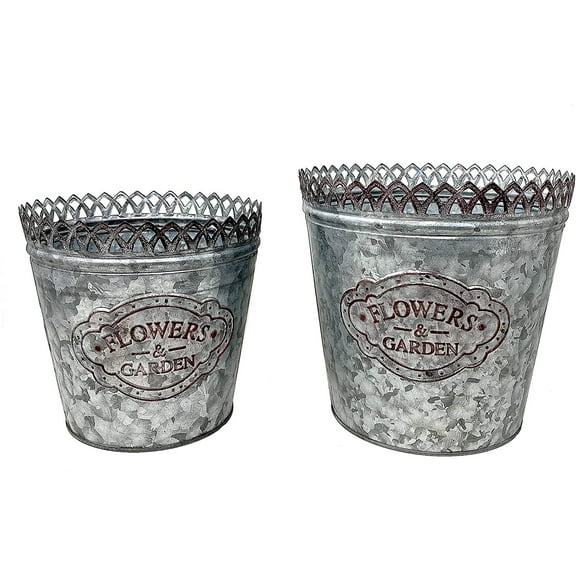 S/2 Planter Galvanized Metal Bucket Container Organizer for Flowers Succulent Decorative Plants Indoor Outdoor Flowers & Garden 8.5" & 7.5" H