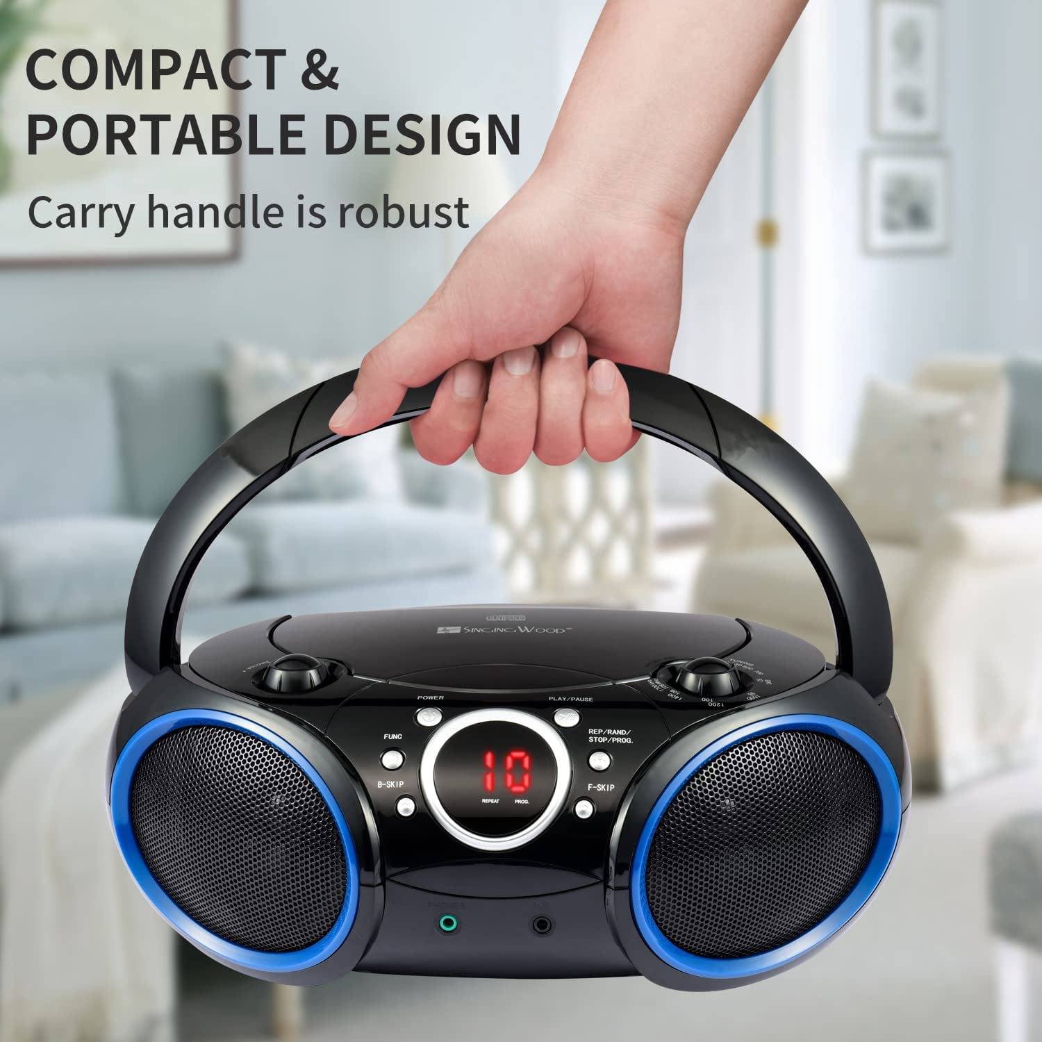 singing wood SBX030C Portable CD Boombox with AM FM Stereo, Aux Input, Headphone Jack, AC/Battery Powered, Blue