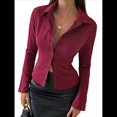 thumbnail image 1 of Camisa Corta A Rayas con Botones para Mujer, Blusa Ajustada de Larga, Camisa de Trabajo Vino Tinto L, 1 of 8