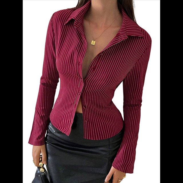 Camisa Corta A Rayas con Botones para Mujer, Blusa Ajustada de Larga, Camisa de Trabajo Vino Tinto L