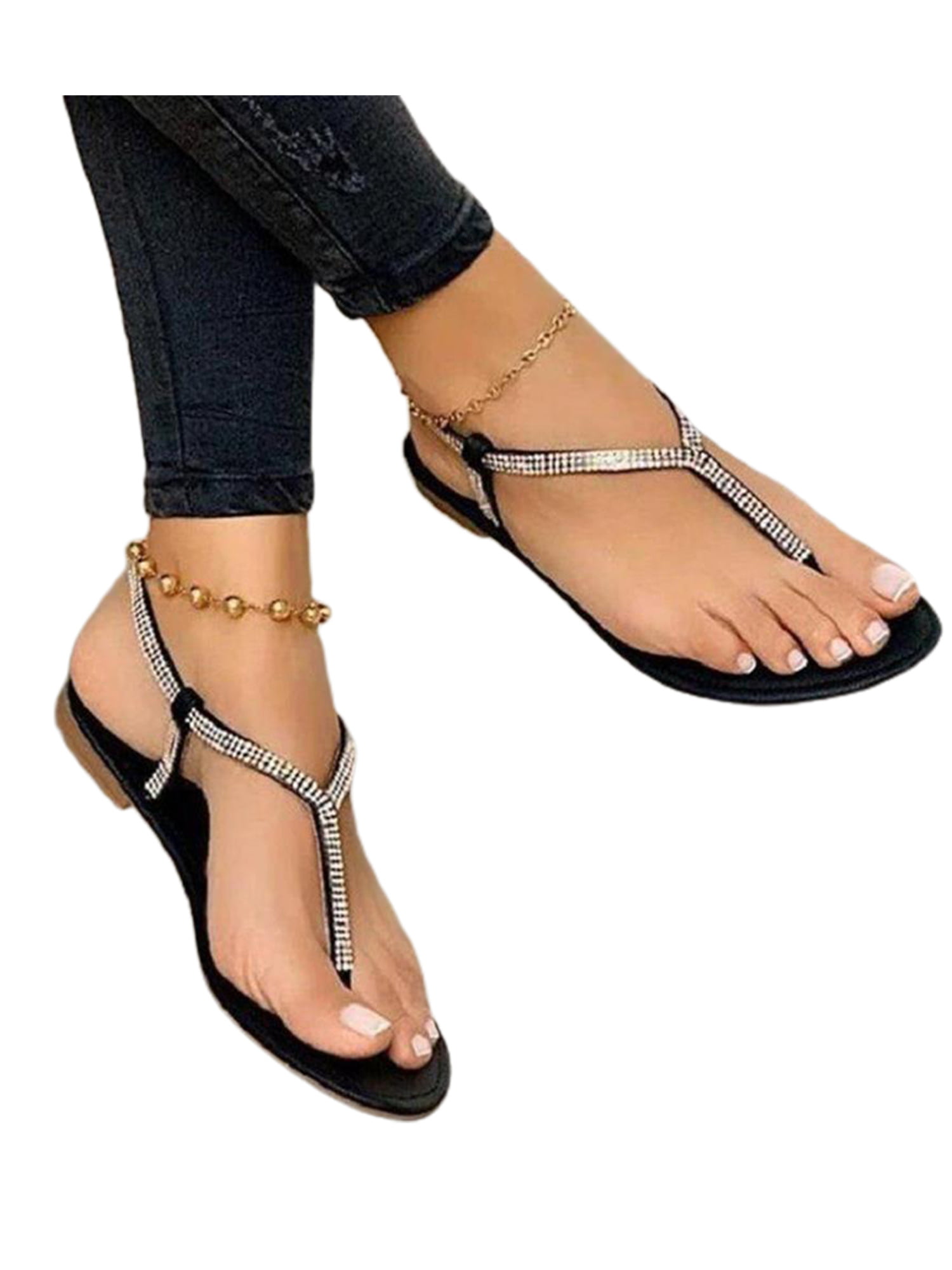 Women Flat Sandals Diamante Toe Post Ankle Strap Shoes Holiday Summer Party Size