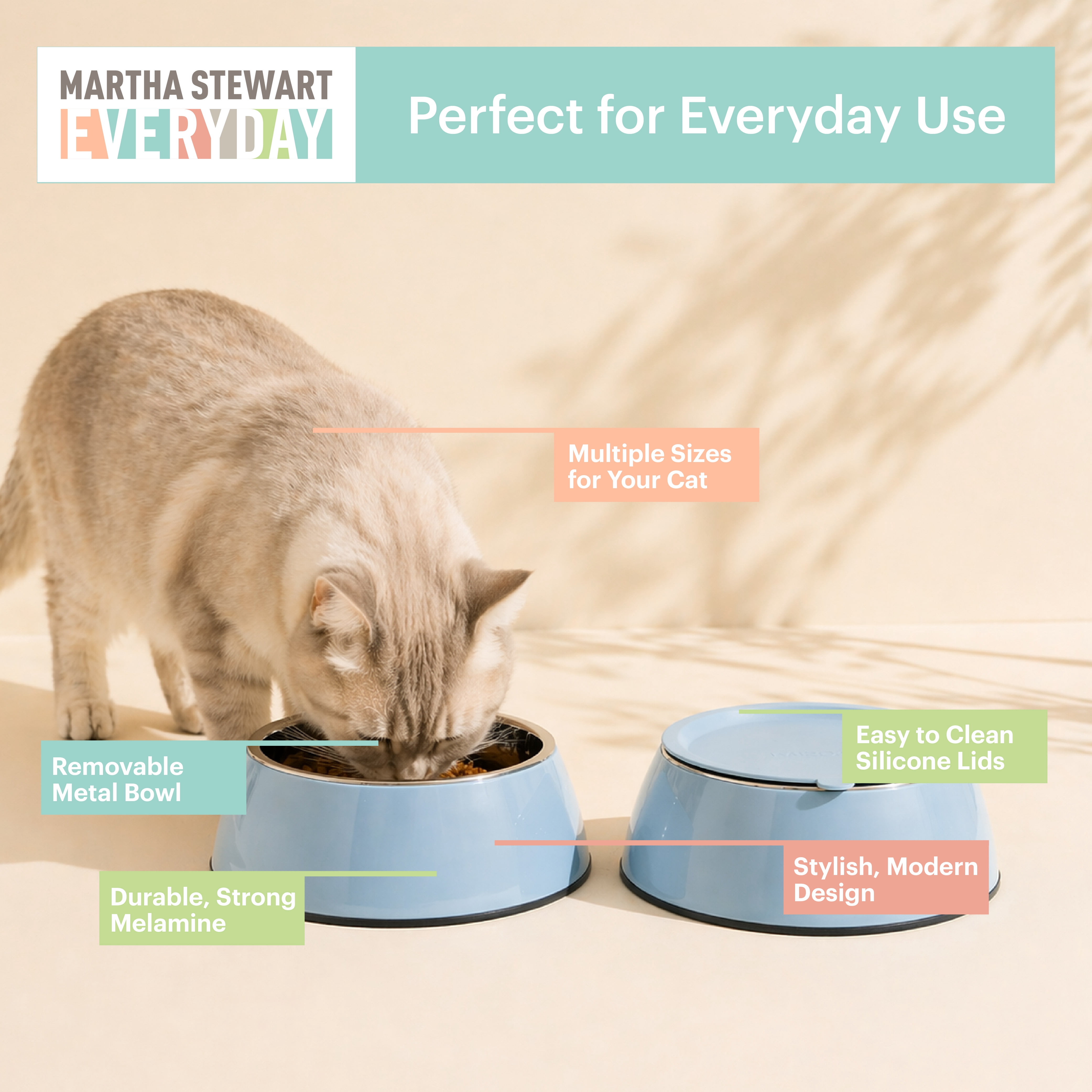 Martha Stewart 3 in 1 Melamine Cat Bowl Set with Lid Medium Blue for Large and Extra Large Cats