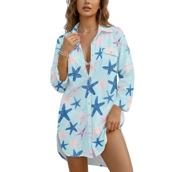 Xoenoiee Colorful Starfish Print Button Down Beach Coverup for Women, Long Sleeve Swimsuit Coverup Bikini Shirt Bathing Suit Cover Ups for Pool Vacation, S