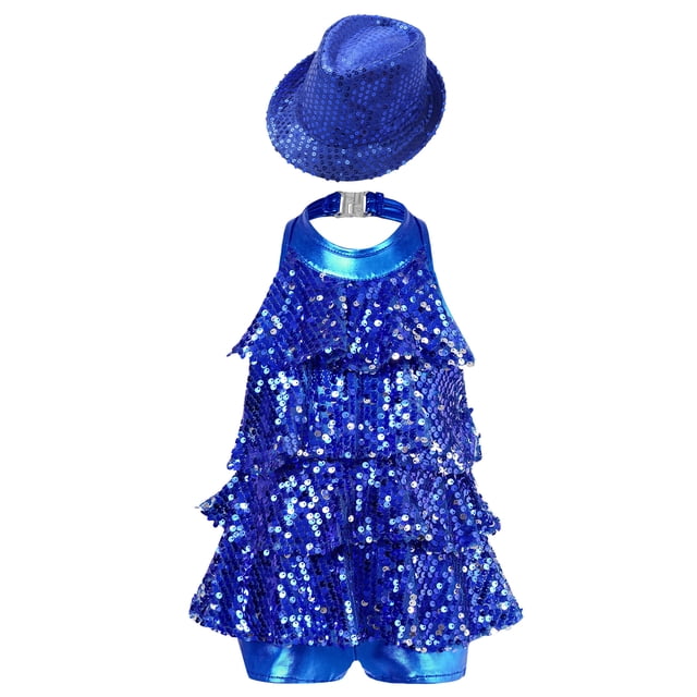 Manyakai Robe de Danse à Sequins Brillants pour Filles Robe Justaucorps de Danse Jazz Latine avec Chapeau Bleu Royal 14