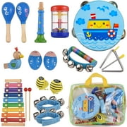 Dcenta Kids Musical Instruments Set, Wooden Percussion Instruments Toy Tambourine Xylophone Drum Set for Toddler, Early Learning Musical Toys for Boys and Girls with Storage Bag