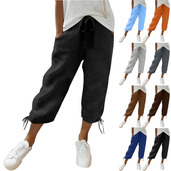 Miluxas Women's Summer Solid Capri Pants Lightweight Elastic High Waist Cropped Trousers with Drawstring and Pockets Casual office Daily Wear Orange