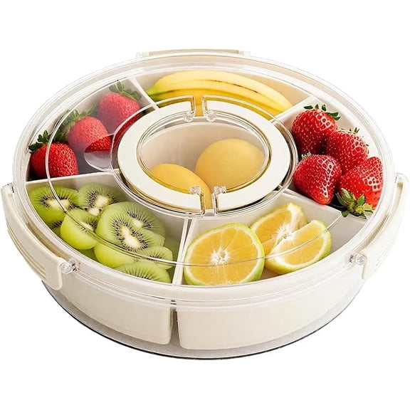 Divided Rotating Serving Tray with Lid & Handle, Portable Snack Spinner for Fruits, Veggies, Charcuterie, Party, Travel, Picnic, and Fridge Storage