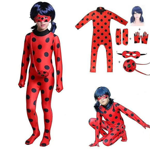 Bimirth Kids Girl Ladybug Cosplay Set Halloween Party Jumpsuit Fancy Dress Costume with Blindfold, Wig, Bag-yky NX