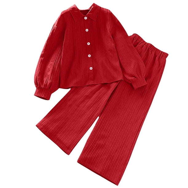 Odeerbi 8-12 Años Niños Niñas Algodón Conjuntos Camisa Manga Larga Pantalones Pierna Ancha Conjunto Primavera Solapa Camisa Pantalones Dos Piezas Conjunto