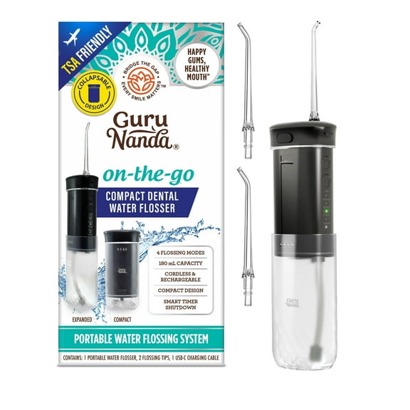 GuruNanda Compact Dental Water Flosser - Travel Size Oral Irrigator - 180ml Tank - Black