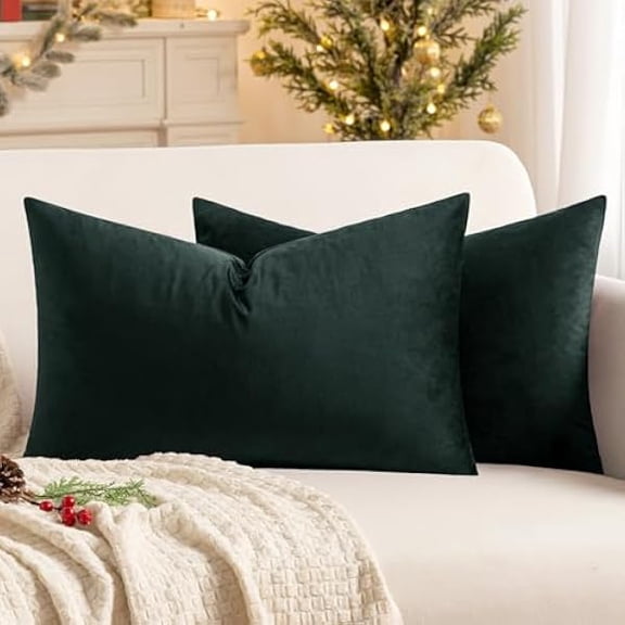 Eryueer Velvet Soft Soild Microfiber Decorative Square Pillow Case Throw Cushion Cover for Sofa Bedroom with Invisible Zipper Dark Green 12"x20",2 Pieces