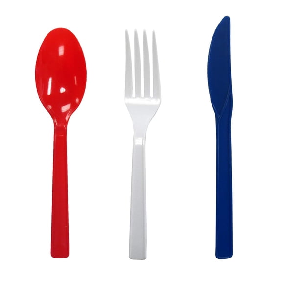 Patriotic Assorted Plastic Cutlery   17 Spoons/17 Knifes/17 Forks Set, 51 Pieces/Red/White/Blue