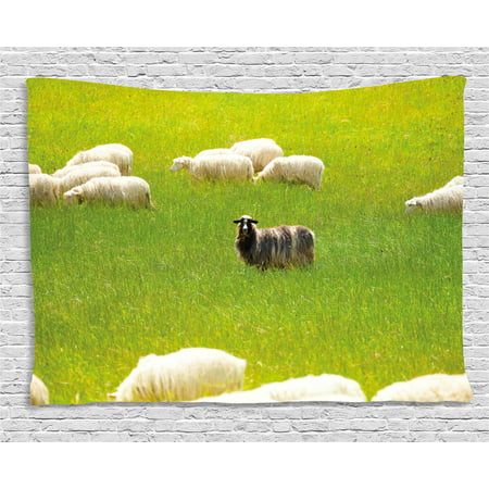 Nature Tapestry, Black Sheep between White Goats on Grass Field Meadow Animal Farm Landscape, Wall Hanging for Bedroom Living Room Dorm Decor, 60W X 40L Inches, Fern Green Cream, by