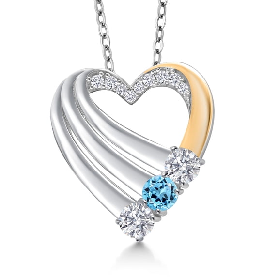 Gem Stone King 925 Silver and 10K Yellow Gold White Lab Grown Diamond and Swiss Blue Topaz Heart Pendant for Women | 1.00 Cttw | Gemstone April Birthstone | With 18 inch Chain