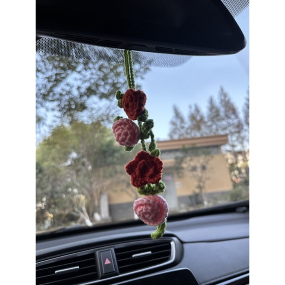 Handmade Cute Crochet Rose Car Charm Rear View Mirror Hanging Decor for Women Girls
