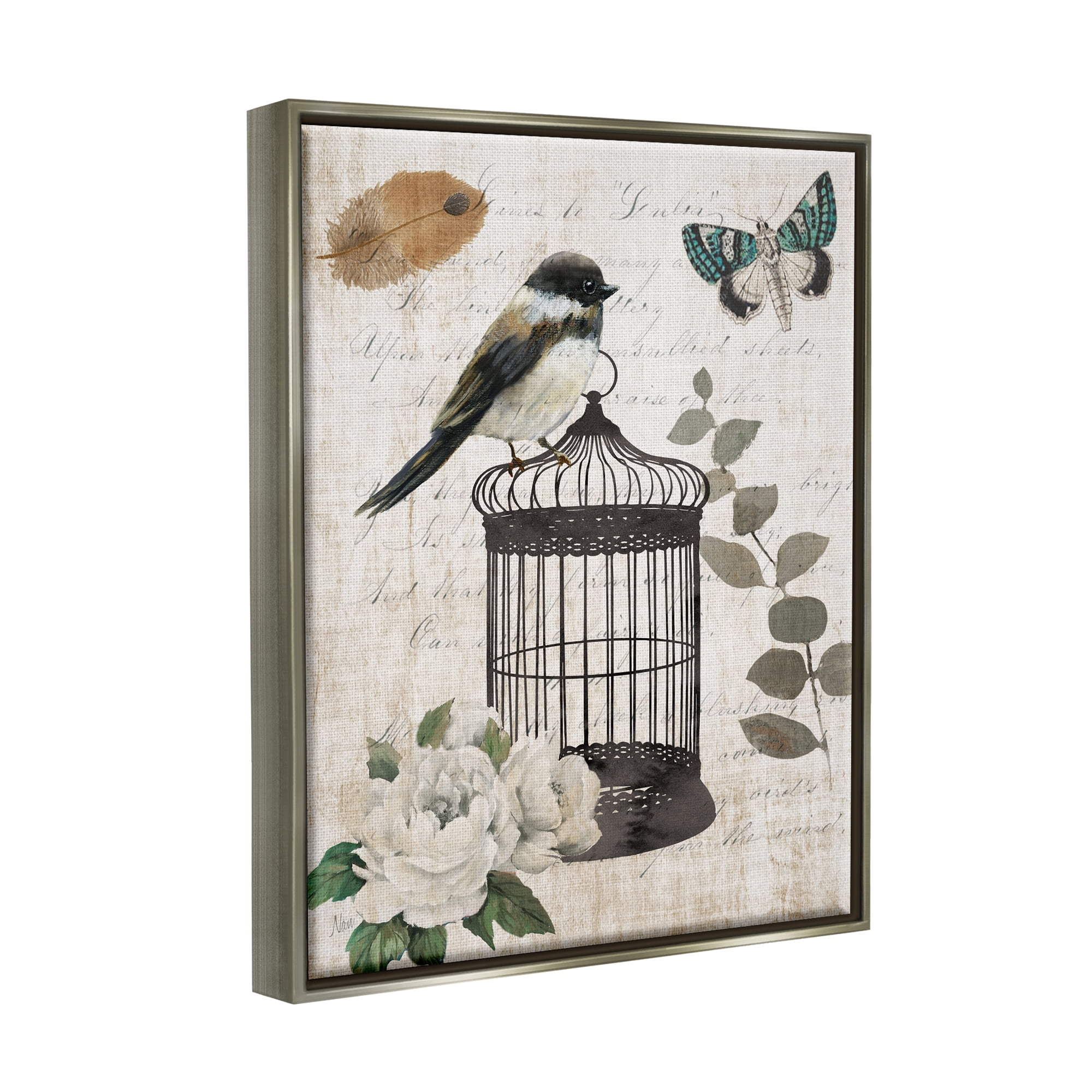 Stupell Industries Vintage Bird Cage Butterfly Floral Script Words Graphic Art Luster Gray Floating Framed Canvas Print Wall Art, Design by Nan