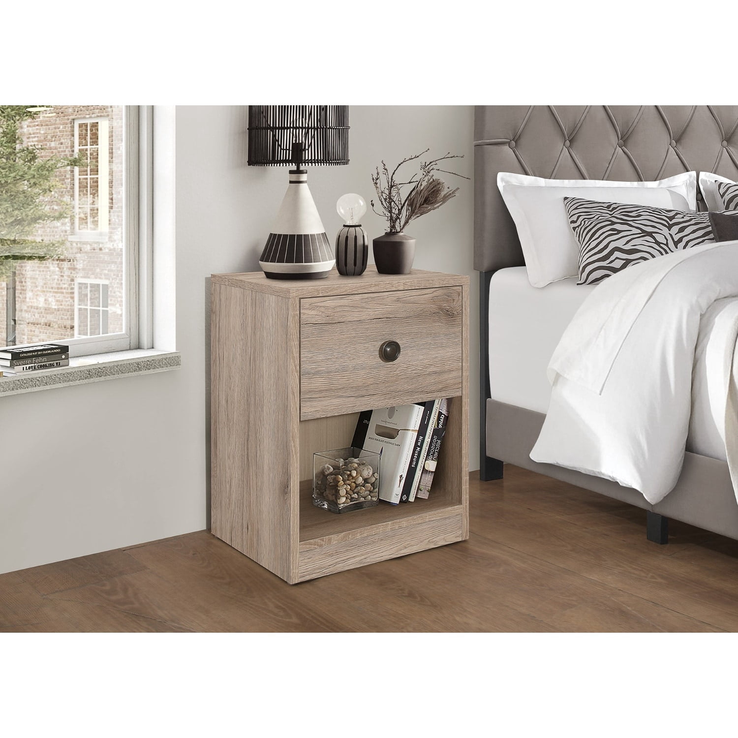 Home Design KD Night Stand with Drawer and Open Shelf, Gray, Easy assembly