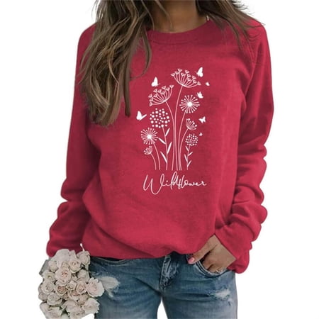 FYEGRE Wildflower Sweatshirt for Women Funny Butterfly Floral Graphic Pullover Casual Fashion Vintage Shirt Top Red XXL