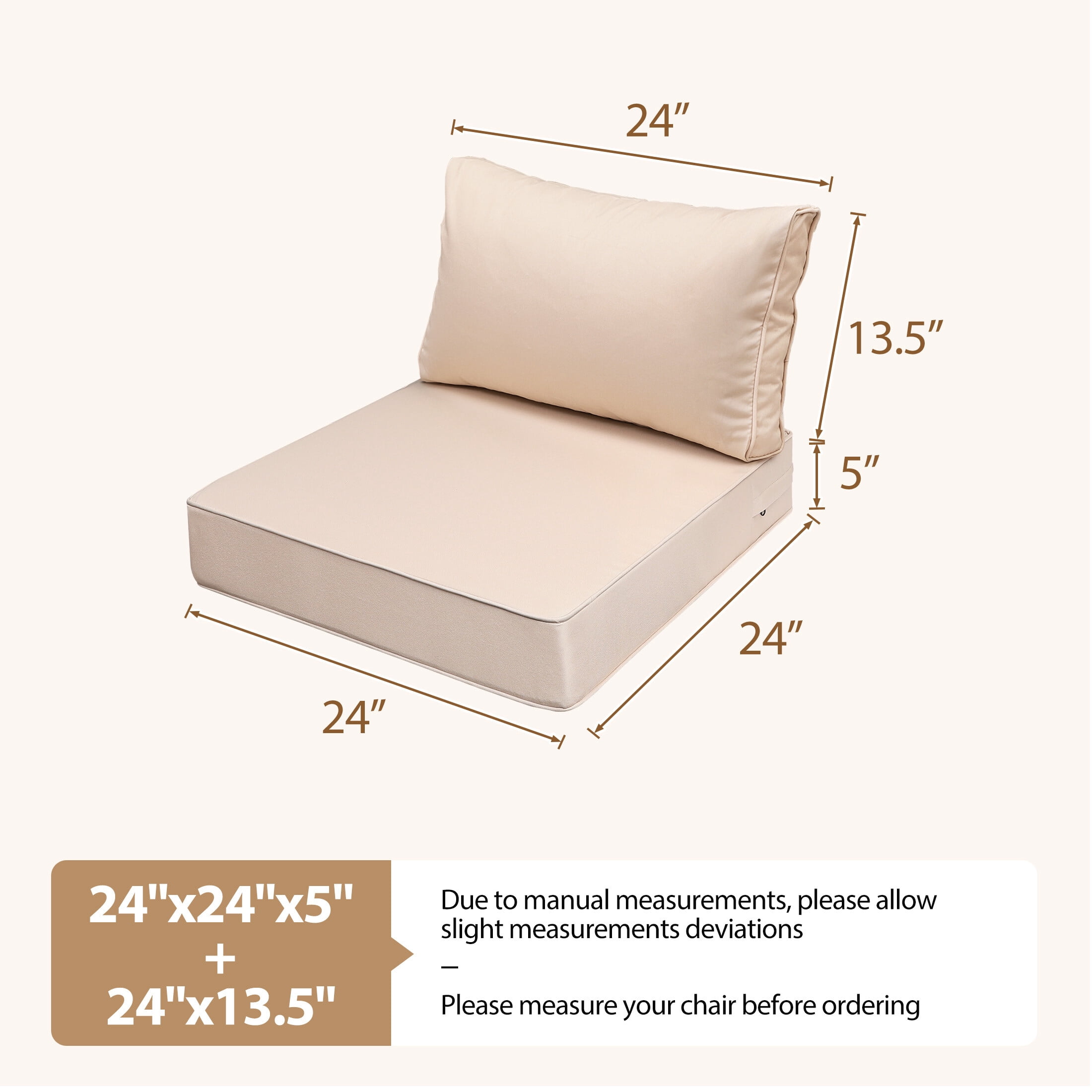 24 x 24 Waterproof Outdoor Deep Seat Cushion for Patio Furniture Cushion Replacement, Low Back, Peachy Tan
