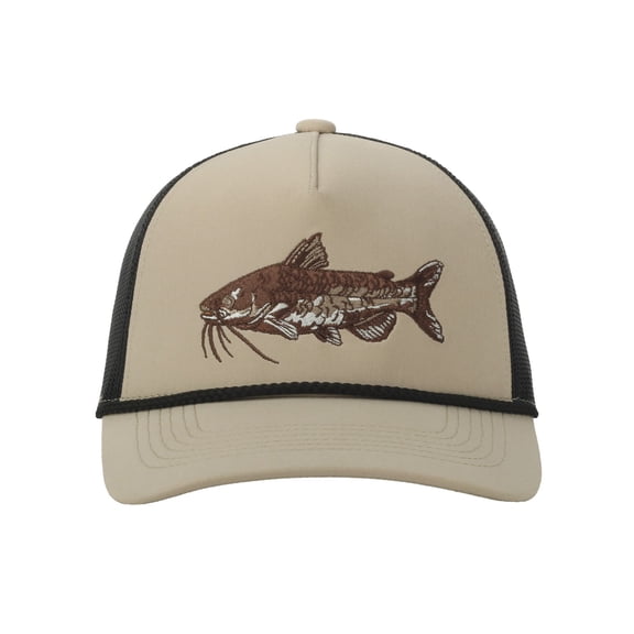 Beige/Black Catfish 5-Panel Fishing Cap – Structured, Embroidered, Snapback, One Size